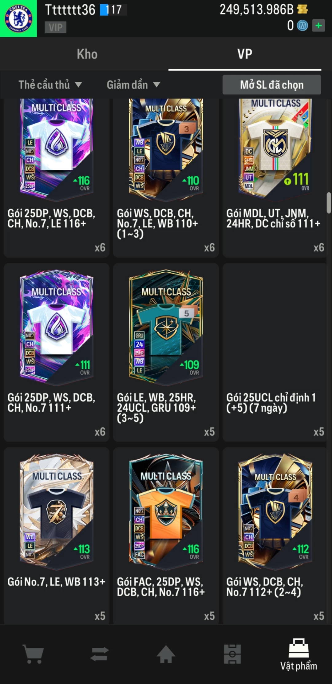 Ảnh ACC mở thẻ (LOẠI SVIP PROMAX) bao gồm có 02 thẻ +12, 04 thẻ PRIME (QH+, CP+, XS+, HĐ+) và hơn 1600+ thẻ cầu thủ từ Siêu sao đến Miền núi các loại. Acc có sẵn BP trắng từ 230.000 tỷ BP đến 250.000 tỷ BP kèm theo nhiều ngày SVIP